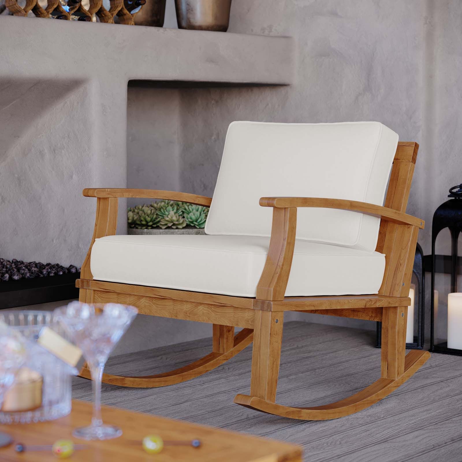 Marina Outdoor Patio Teak Rocking Chair Natural White In Well Known Dark Natural Rocking Chairs (View 11 of 15)