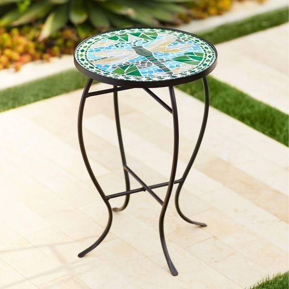 Mosaic Black Iron Outdoor Accent Tables With Favorite Teal Island Designs Dragonfly Mosaic Black Iron Outdoor Accent Table In (View 10 of 15)