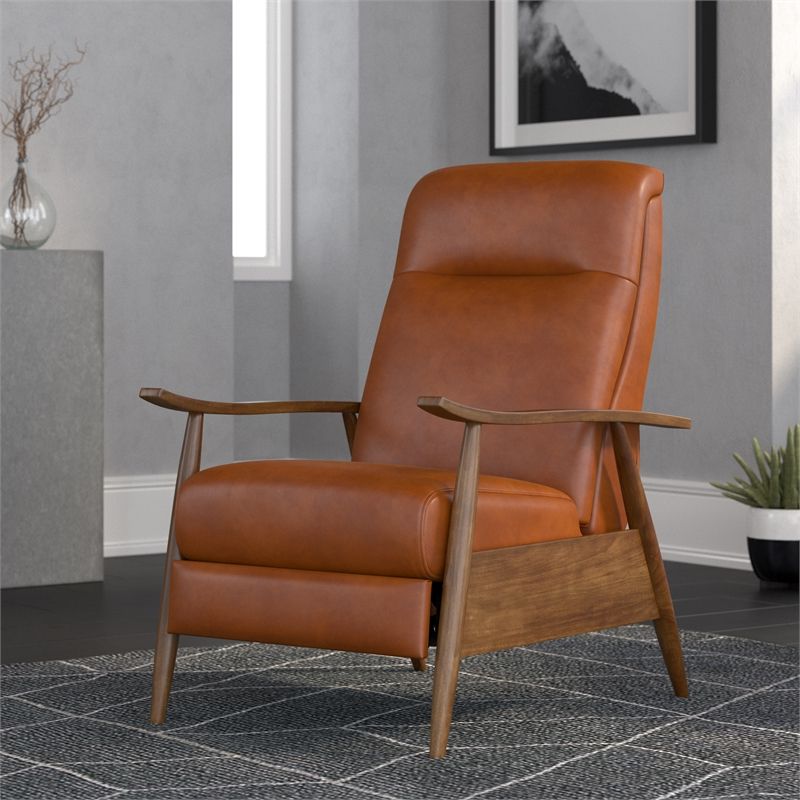 Most Popular Dark Wood Outdoor Reclining Chairs Within Solaris Caramel Brown Faux Leather Wooden Arm Push Back Recliner Chair (View 6 of 15)