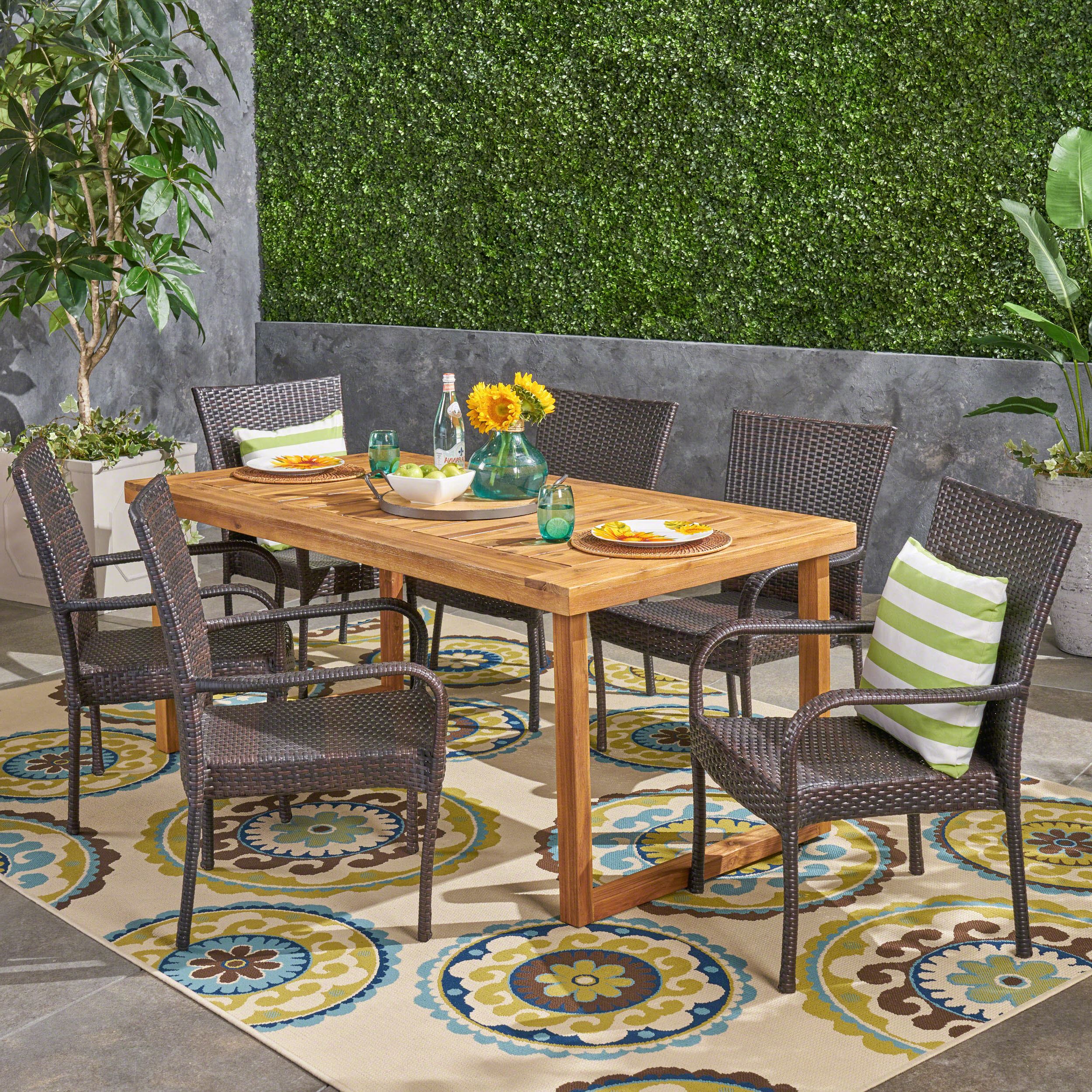 Natural Wood Outdoor Chairs Throughout Current Lisa Outdoor 7 Piece Acacia Wood Dining Set With Stacking Wicker Chairs (View 15 of 15)