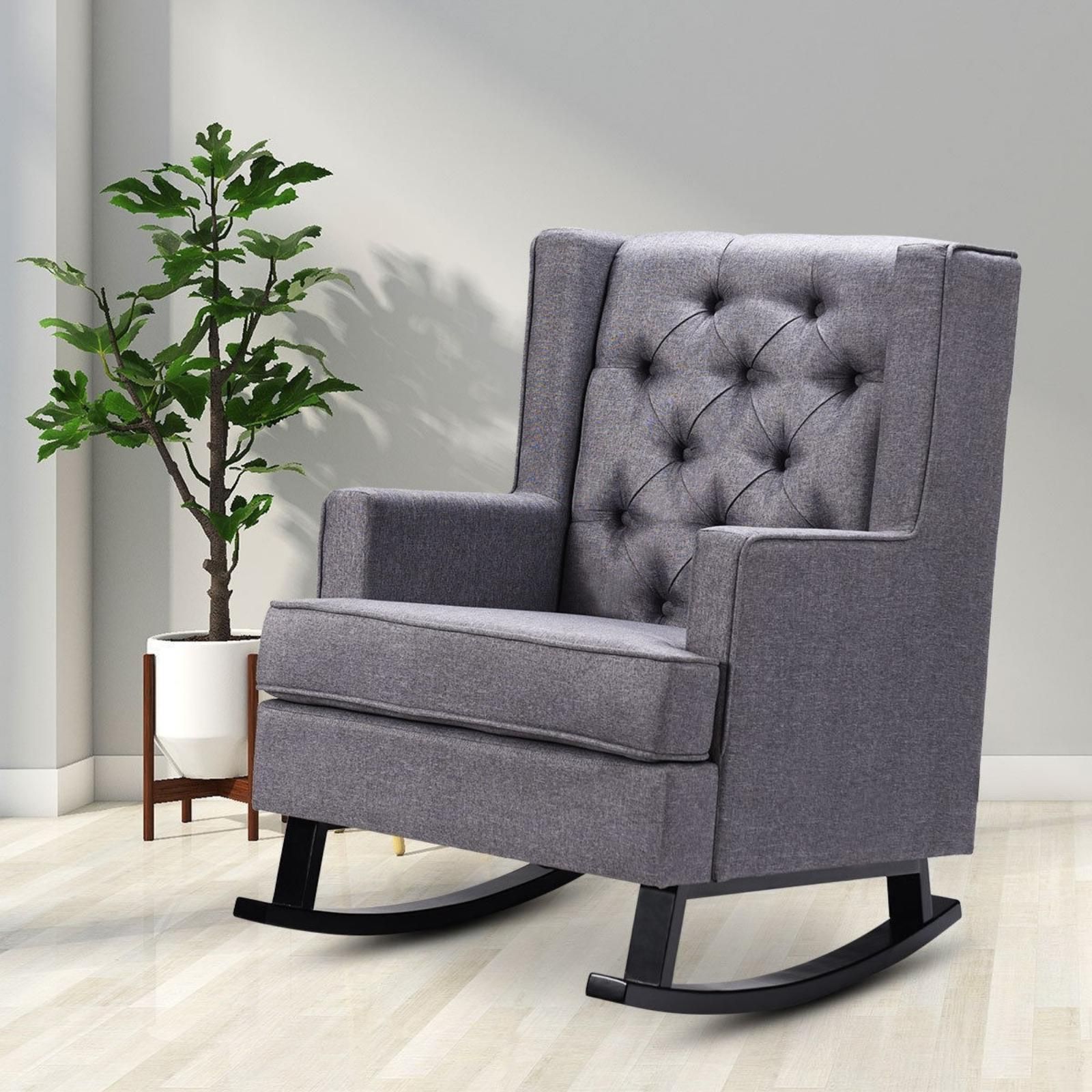 Newest Modern Rocking Chair Recliner Dark Grey Cushioned Fabric Intended For Dark Wood Outdoor Reclining Chairs (View 8 of 15)