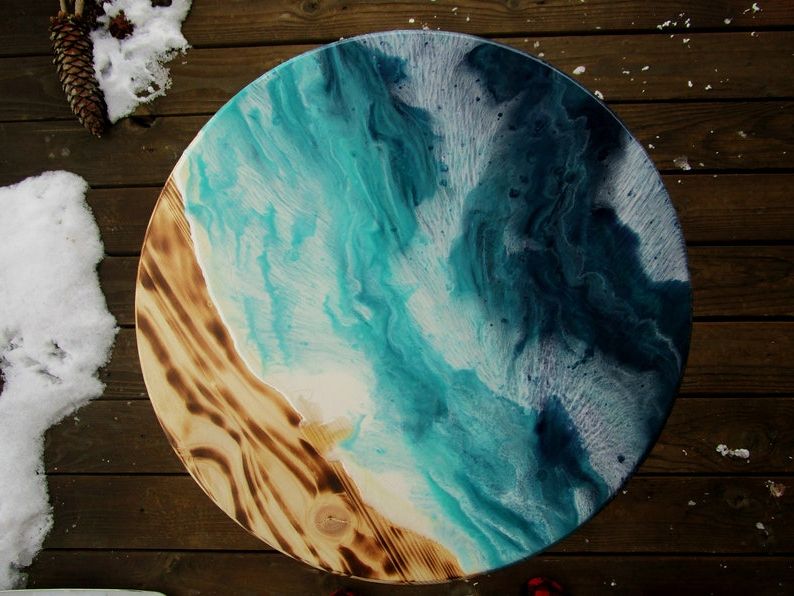 Ocean Wave Mosaic Outdoor Accent Tables Intended For Popular Ocean Wave Epoxy Resin Wood Table (View 13 of 15)