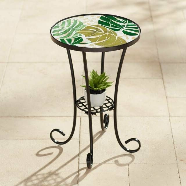 Tropical Leaves Mosaic Black Outdoor Accent Table (View 8 of 15)