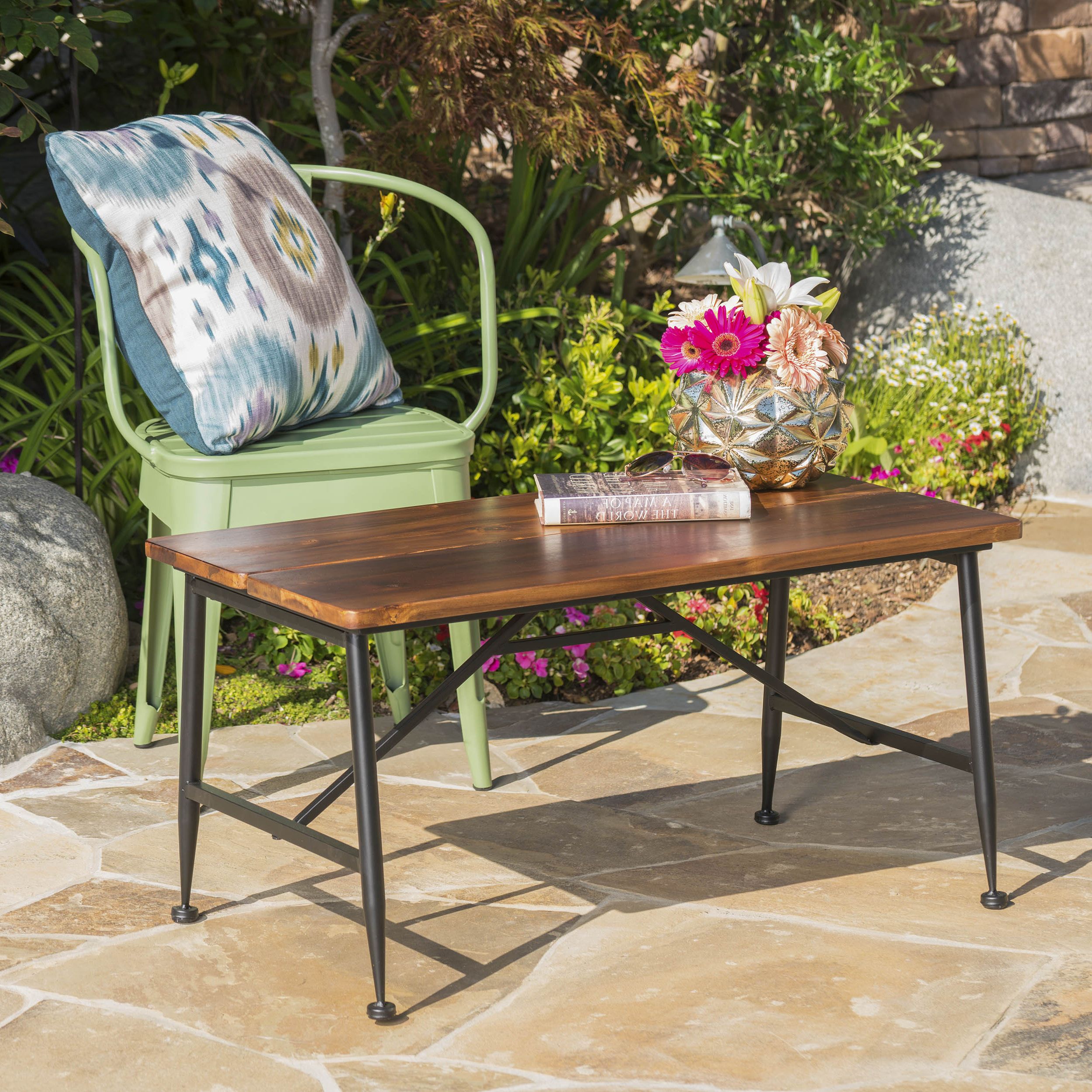 Well Known Black Iron Outdoor Accent Tables With Cascada Outdoor Industrial Acacia Wood Coffee Table With Iron Accents (View 13 of 15)