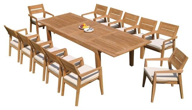 13 Piece Outdoor Teak Dining Set: 122" Rectangle Table 12 Celo Stacking Inside Latest 13 Piece Extendable Patio Dining Sets (View 7 of 15)