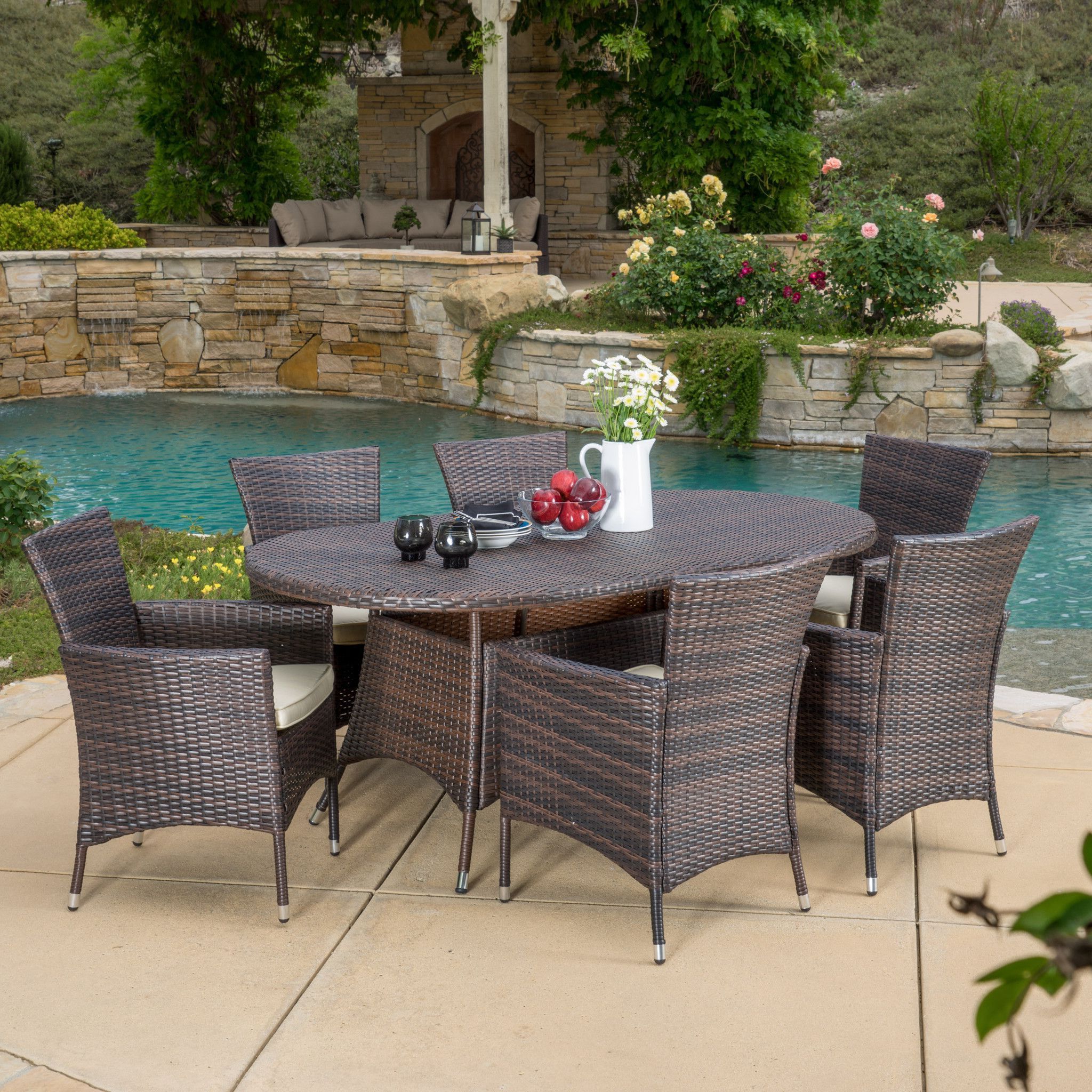 2019 Clementine Outdoor 7pc Multibrown Wicker Long Dining Set (View 1 of 15)