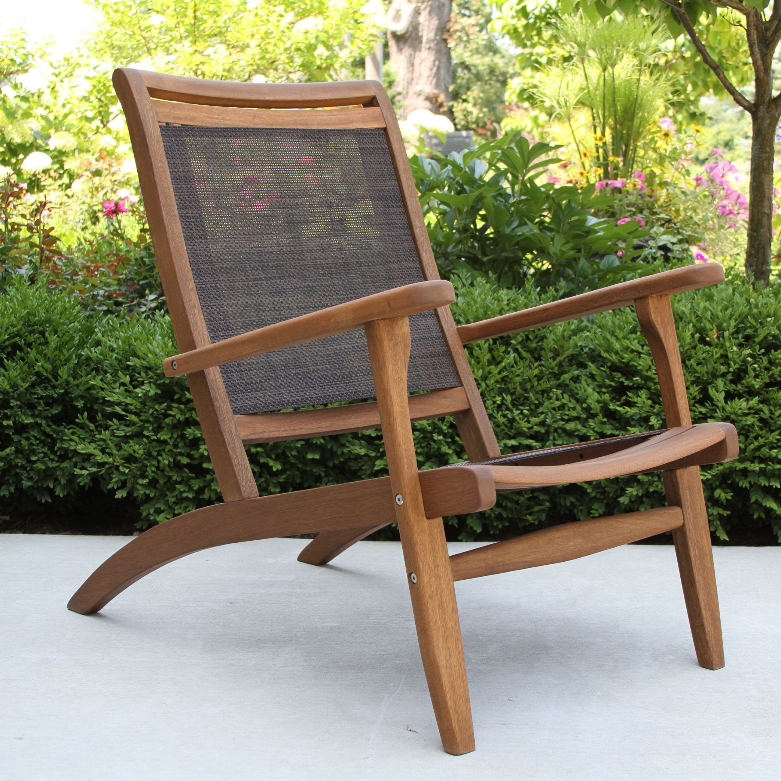 2019 Dark Brown Wood Outdoor Chairs Pertaining To Dark Brown Sling & Eucalyptus Wood Lounger For Decks, Patios, Porches (View 5 of 15)