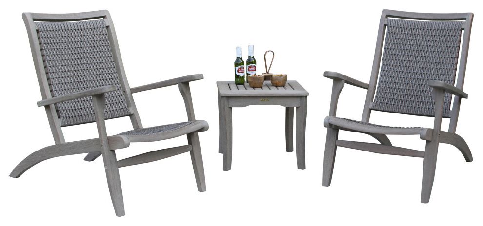 2019 Gray Wash Wood Porch Patio Chairs Sets Pertaining To 3 Piece Gray Wash Eucalyptus And Driftwood Gray Wicker Lounge Chair Set (View 9 of 15)