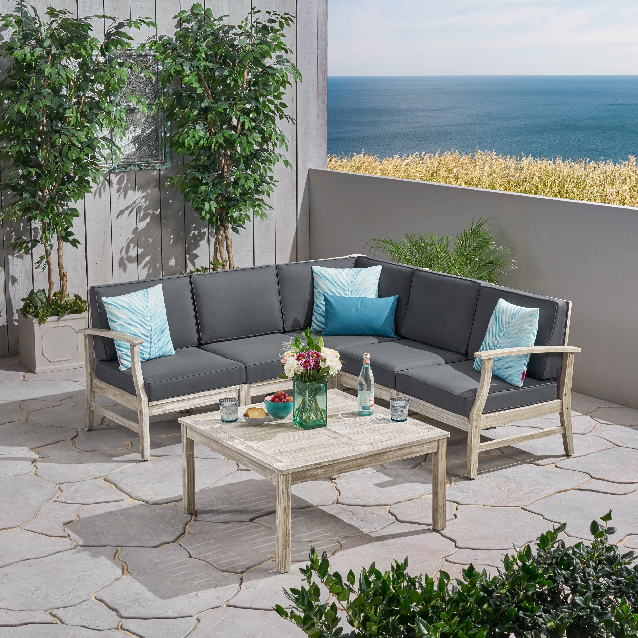 2019 Martina Outdoor 6 Piece Acacia Wood Sectional Sofa And Coffee Table Set Within Gray Outdoor Table And Loveseat Sets (View 1 of 15)