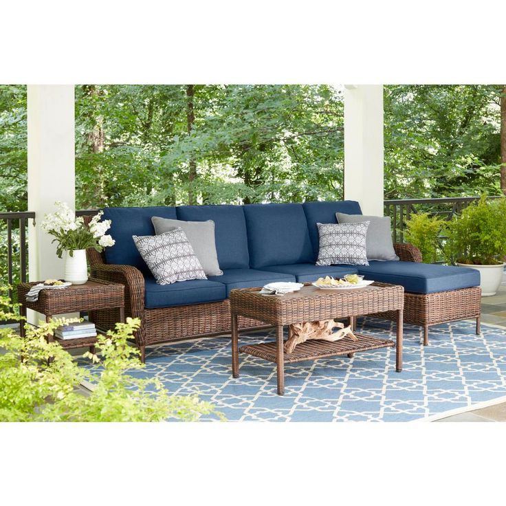 2019 Navy Outdoor Seating Sectional Patio Sets Inside Hampton Bay Cambridge 5 Piece Brown Wicker Outdoor Patio Sectional Sofa (View 2 of 15)