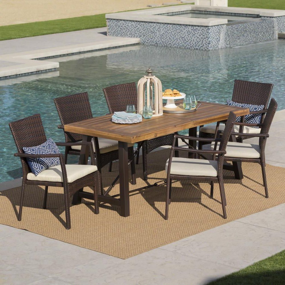 2019 Noble House 7 Piece Wicker, Wood And Iron Rectangular Outdoor Dining Inside Wicker Rectangular Patio Dining Sets (View 1 of 15)