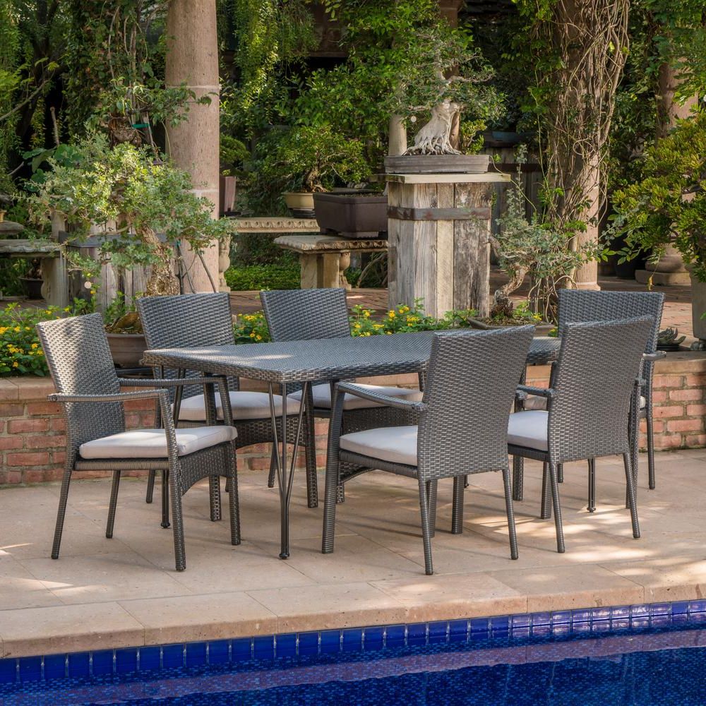 2019 Noble House Luka Grey 7 Piece Wicker Outdoor Dining Set With Grey Throughout Patio Dining Sets With Cushions (View 5 of 15)