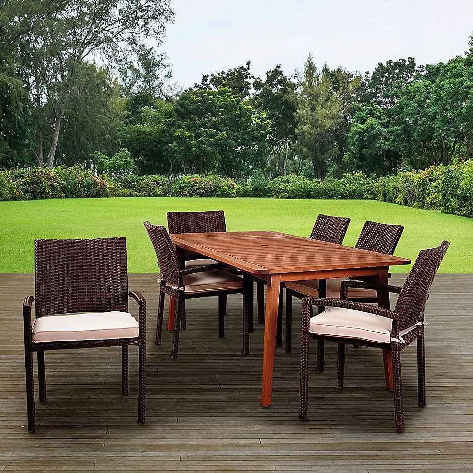 2019 Off White Cushion Patio Dining Sets Regarding Amazonia Adelson 7 Piece Eucalyptus And Wicker Outdoor Patio Dining Set (View 2 of 15)
