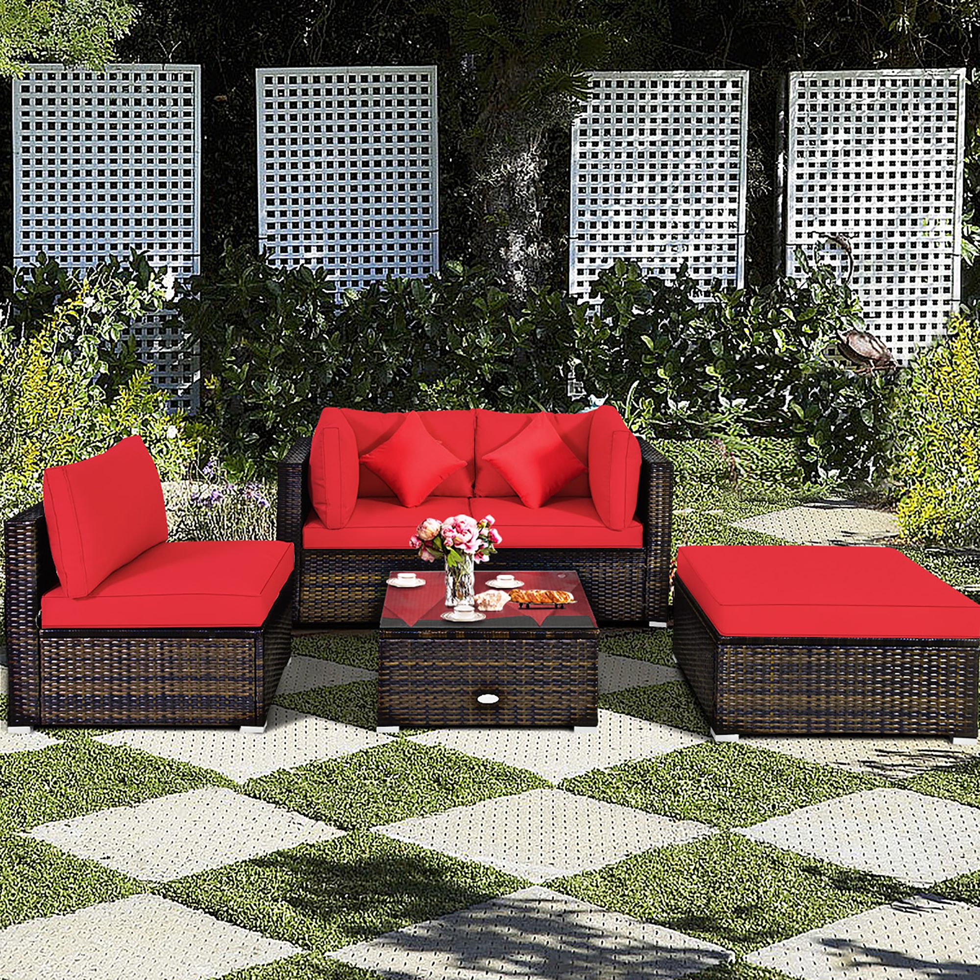 2019 Outdoor Seating Sectional Patio Sets With Regard To Costway 5pcs Outdoor Patio Rattan Furniture Set Sectional Conversation (View 5 of 15)