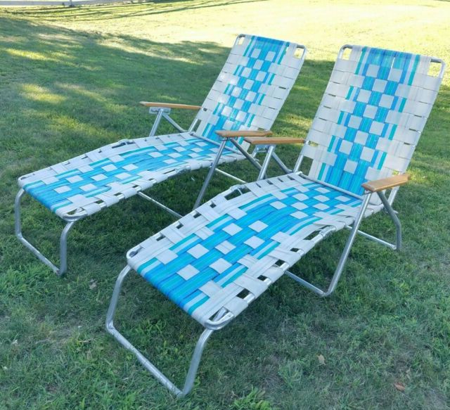 2019 Steel Arm Outdoor Aluminum Chaise Sets Pertaining To Pair Vintage Telescope Style Webbed Aluminum & Wood Folding Chaise (View 14 of 15)