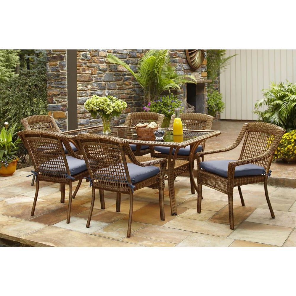 2020 Hampton Bay Spring Haven Brown 7 Piece All Weather Wicker Outdoor Patio Intended For Patio Dining Sets With Cushions (View 13 of 15)