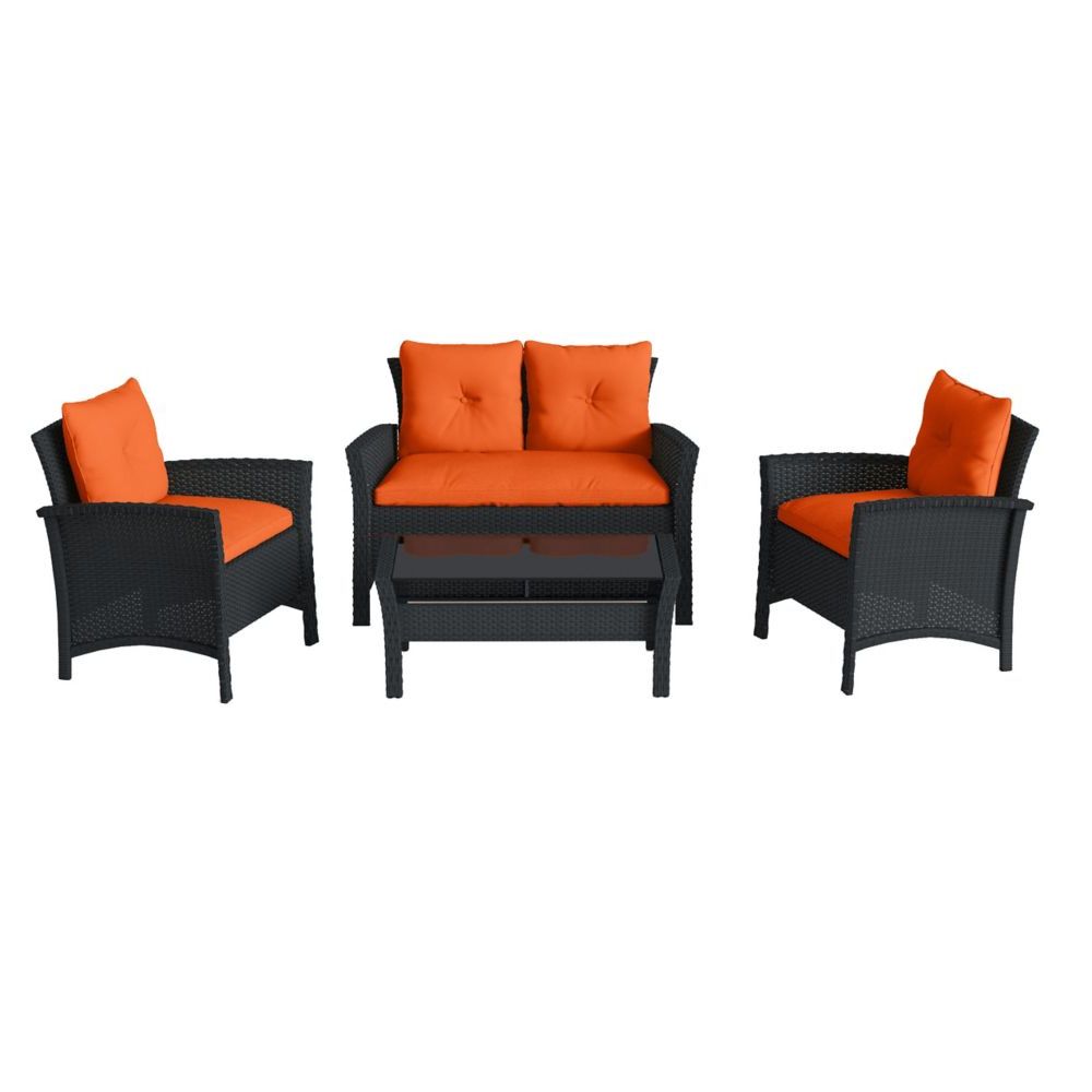 2020 Outdoor Wicker Orange Cushion Patio Sets Intended For Corliving Cascade 4 Piece Black Resin Rattan Wicker Patio Set With (View 15 of 15)