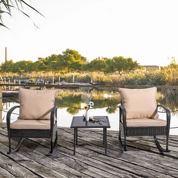 3 Pcs Patio Wicker Bistro Set Rattan Rocking Chairs With Coffee Table In Most Recent Outdoor Rocking Chair Sets With Coffee Table (View 10 of 15)