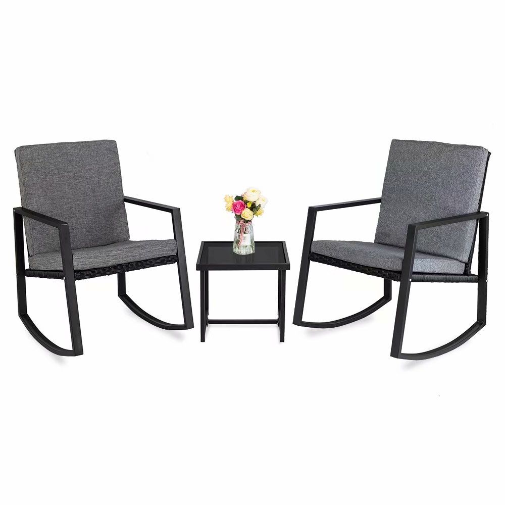 3 Pcs Rocking Chairs Set Outdoor Patio Furniture With Glass Coffee For 2020 Outdoor Rocking Chair Sets With Coffee Table (View 4 of 15)