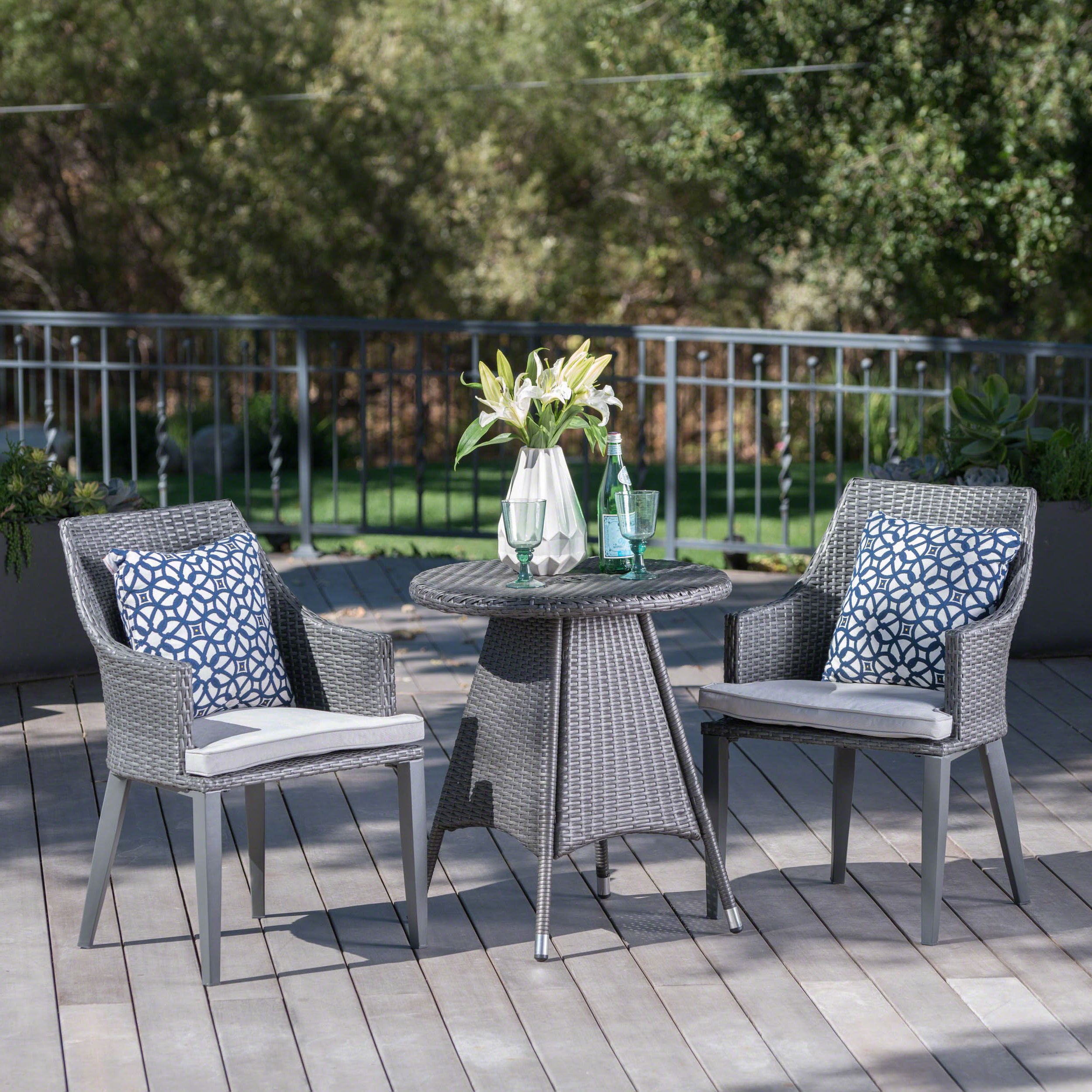 3 Piece Patio Bistro Sets Pertaining To Trendy Hillsdale Outdoor 3 Piece Wicker Round Bistro Set With Cushions, Grey (View 1 of 15)