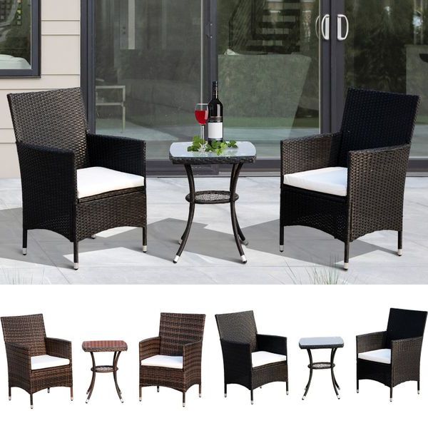 3 Piece Rattan Outdoor Cushioned Bistro Table And Chairs Set – Black Intended For Current 3 Piece Outdoor Table And Chair Sets (View 11 of 15)