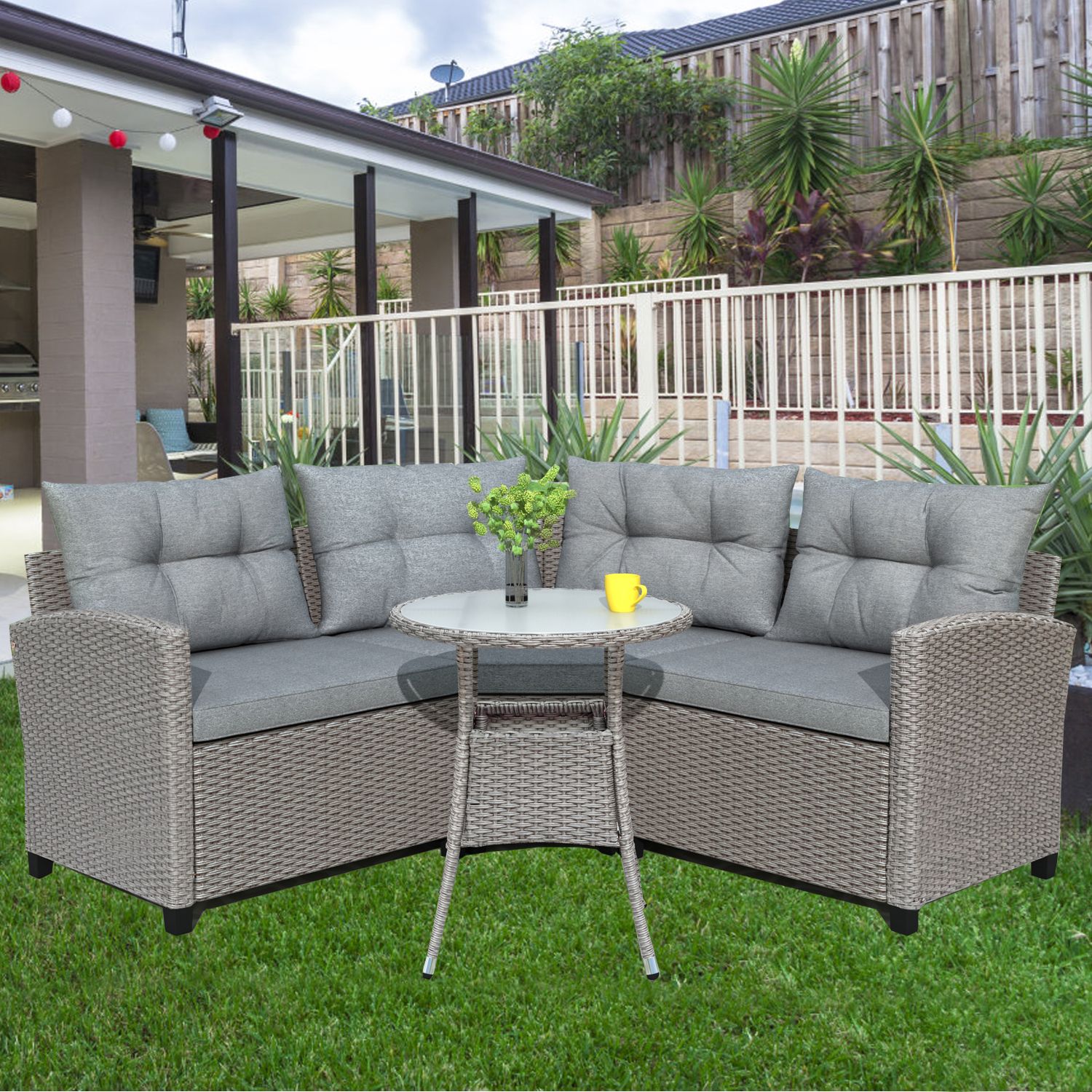 4 Piece Outdoor Patio Sofa Furniture Sets, Gray Rattan Wicker Patio Set In Newest Gray Outdoor Table And Loveseat Sets (View 2 of 15)