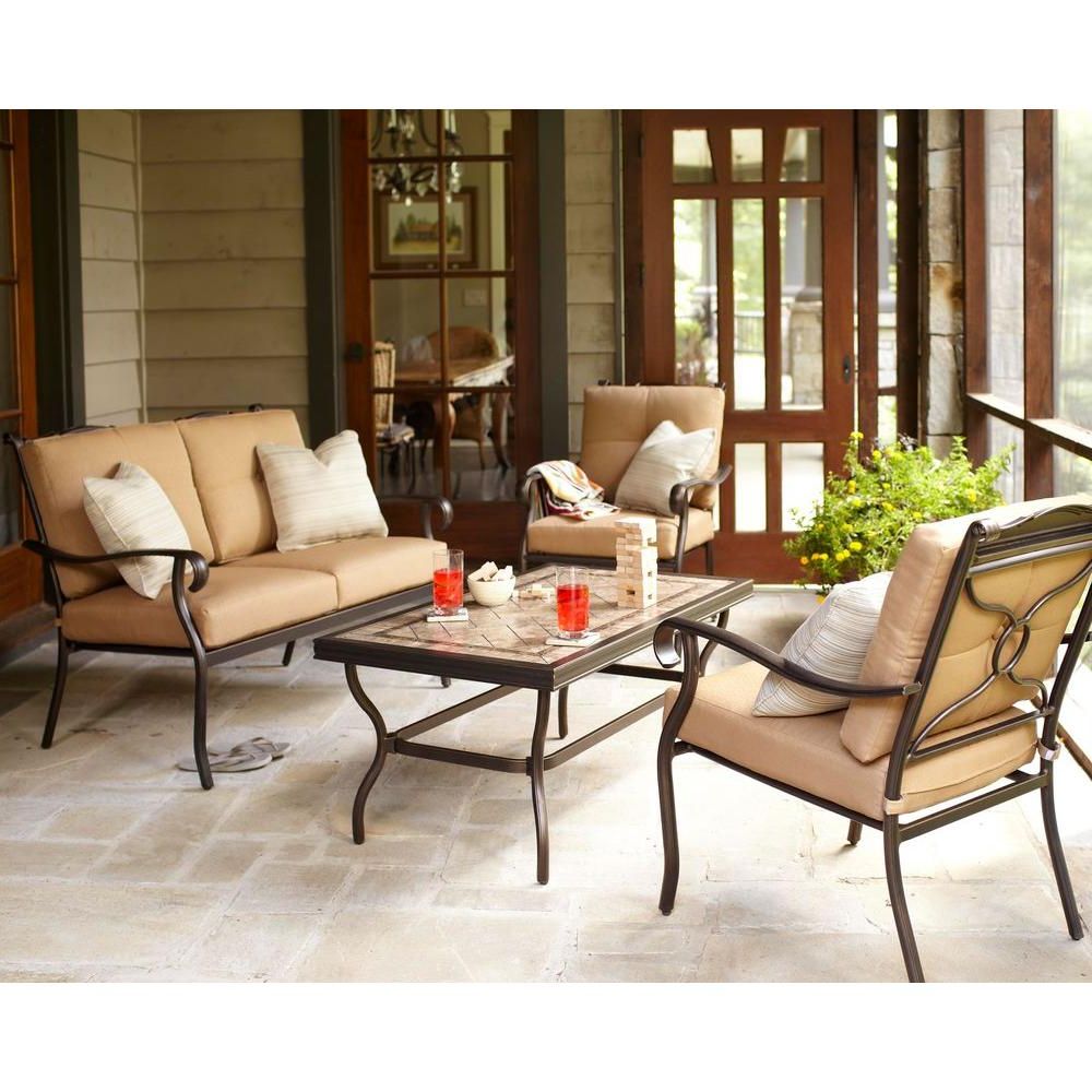 4 Piece Outdoor Seating Patio Sets Pertaining To Well Known Hampton Bay Westbury 4 Piece Patio Deep Seating Set With Tan Cushions (View 2 of 15)