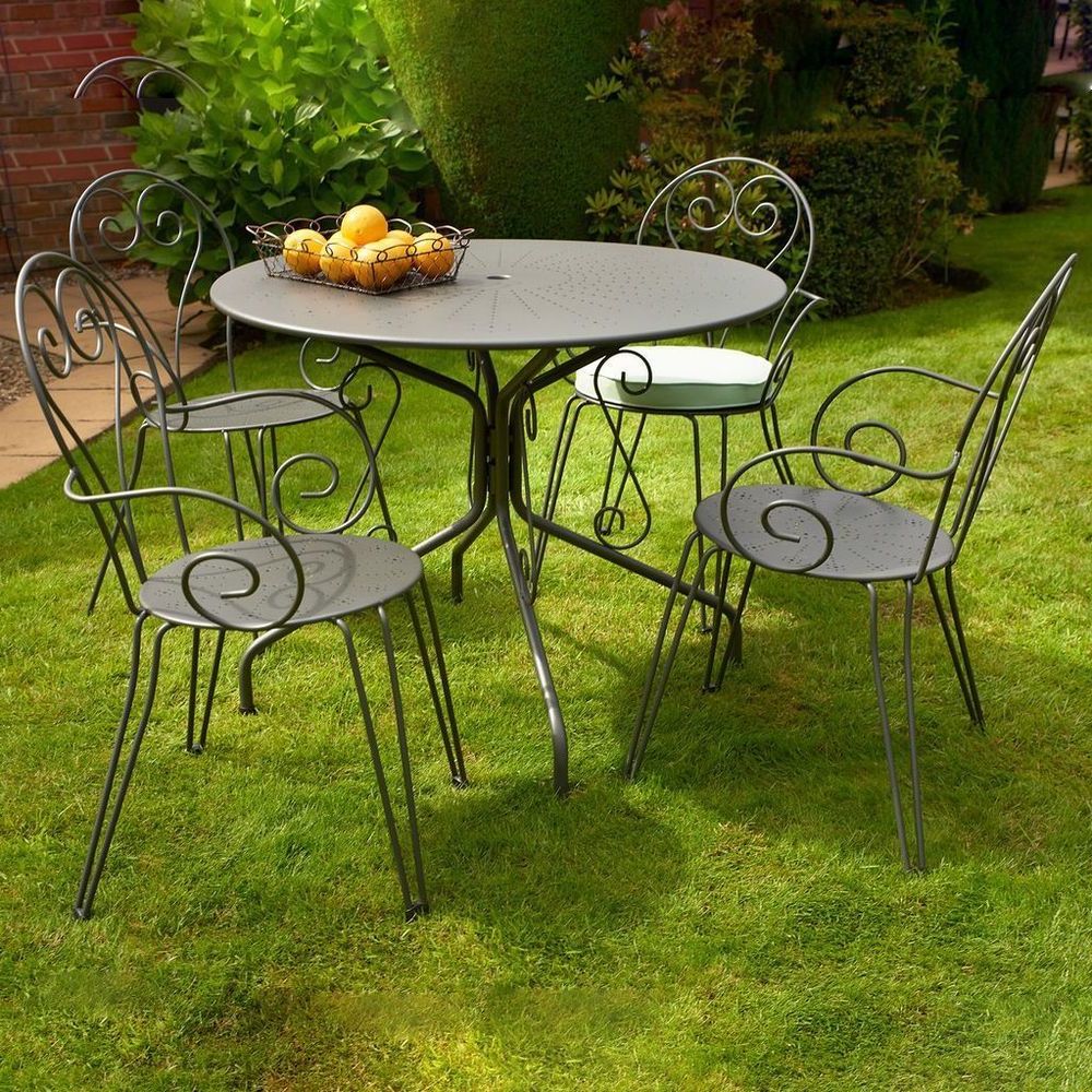 4 Seater Outdoor Dining Set Grey Metal Steel Round Table Lawn Garden With Recent Green Outdoor Seating Patio Sets (View 7 of 15)