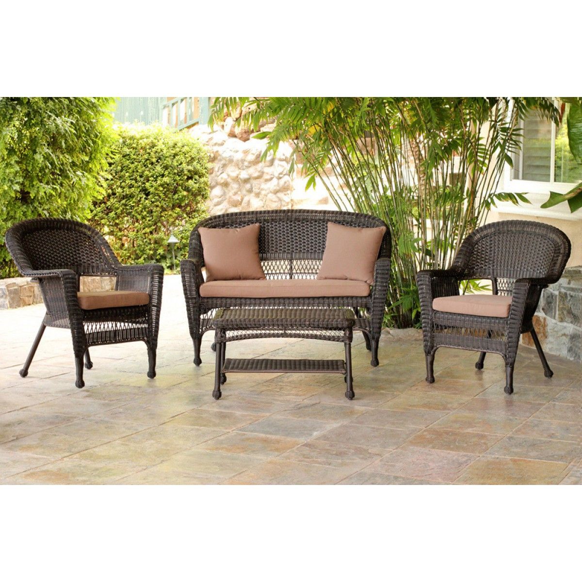 4pc Espresso Wicker Conversation Set – Brown Cushions Within Preferred Brown Patio Conversation Sets With Cushions (View 5 of 15)
