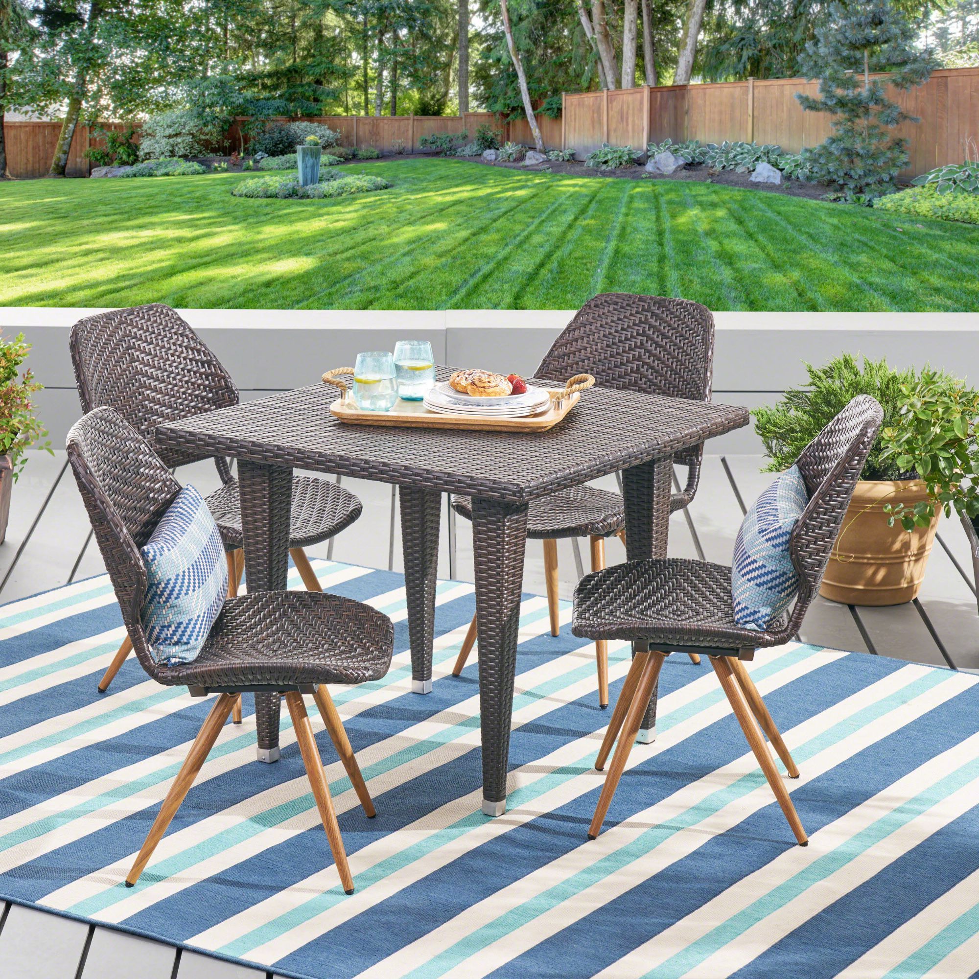 5 Piece Brown Finish Square Wicker Outdoor Furniture Patio Dining Set Regarding Popular 5 Piece Patio Sets (View 3 of 15)