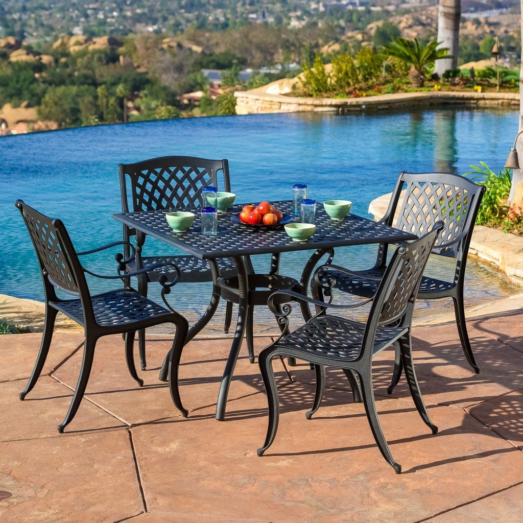 5 Piece Outdoor Seating Patio Sets With Regard To Newest Marietta Cast Aluminum 5 Piece Outdoor Dining Set With Square Table (View 13 of 15)