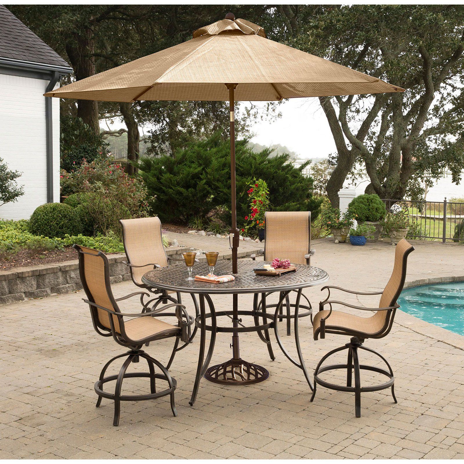 5 Piece Patio Sets Throughout 2020 Hanover Manor 5 Piece Outdoor High Dining Bar Set With Umbrella And (View 5 of 15)