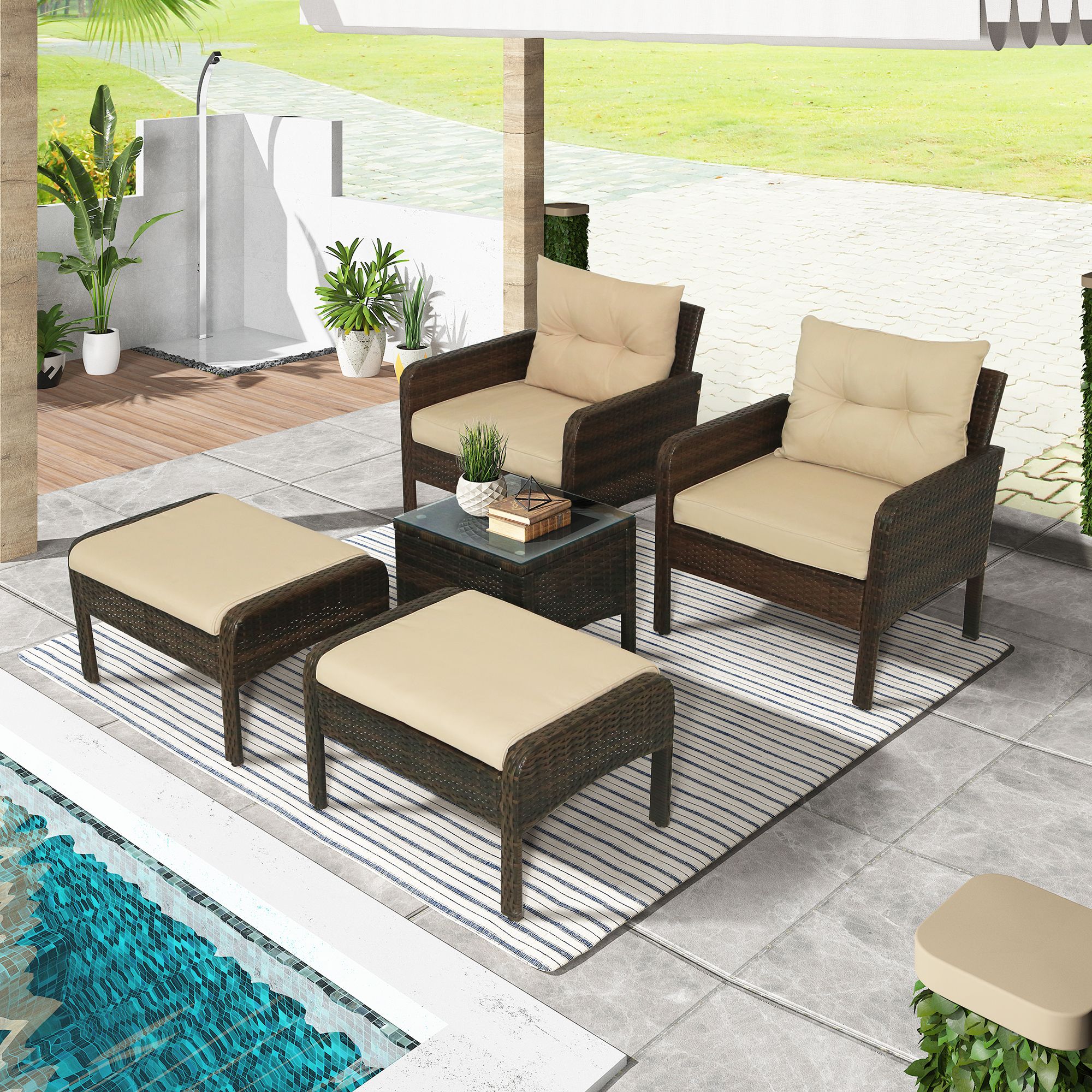 5 Piece Patio Wicker Sofa Set, Outdoor Furniture Set With 2pcs Arm Throughout Favorite Natural Woven Outdoor Chairs Sets (View 3 of 15)
