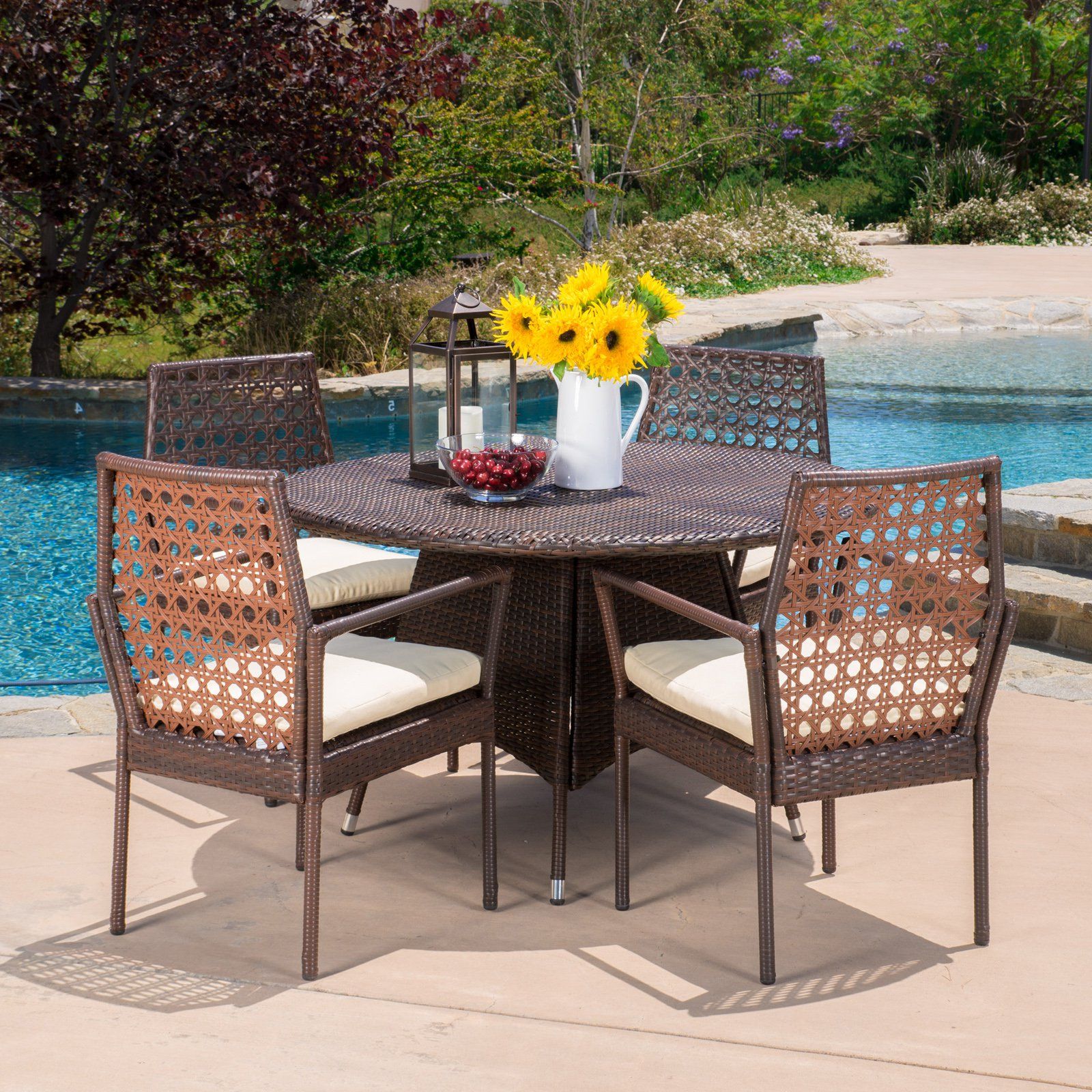 5 Piece Round Dining Sets Inside Well Known Claire Wicker 5 Piece Round Patio Dining Set With Cushion – Walmart (View 2 of 15)