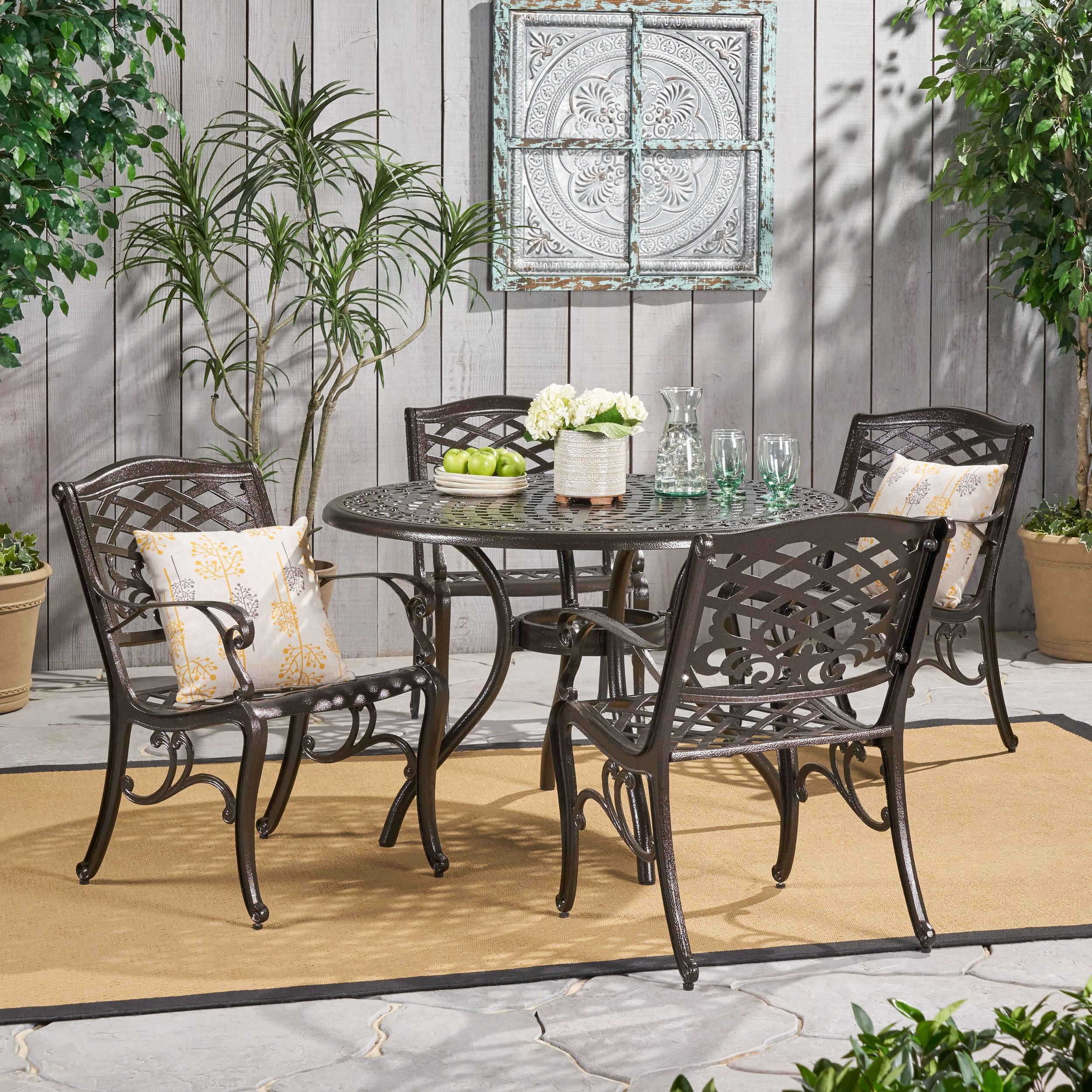 5 Piece Round Patio Dining Sets For Most Recent Outdoor 5 Piece Cast Aluminum Outdoor Dining Set, Bronze – Walmart (View 1 of 15)