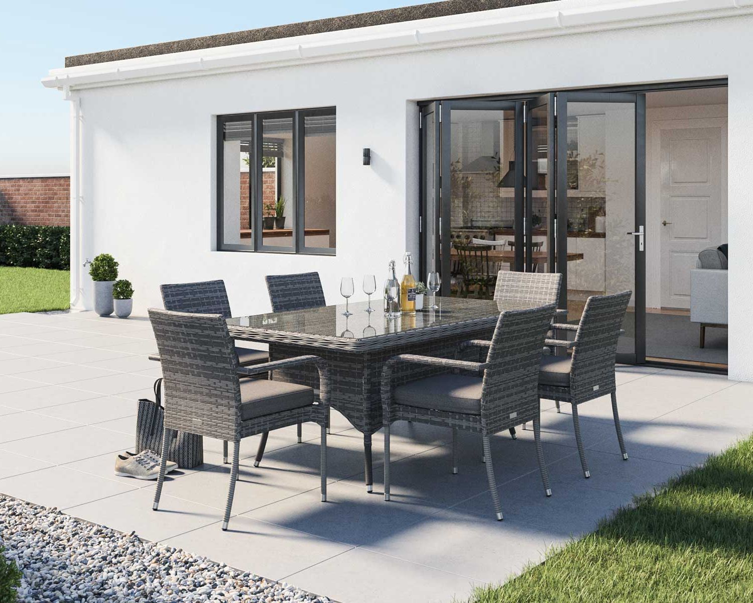 6 Seat Rattan Garden Dining Set With Rectangular Dining Table In Grey Intended For Most Current Gray Wicker Rectangular Patio Dining Sets (View 1 of 15)
