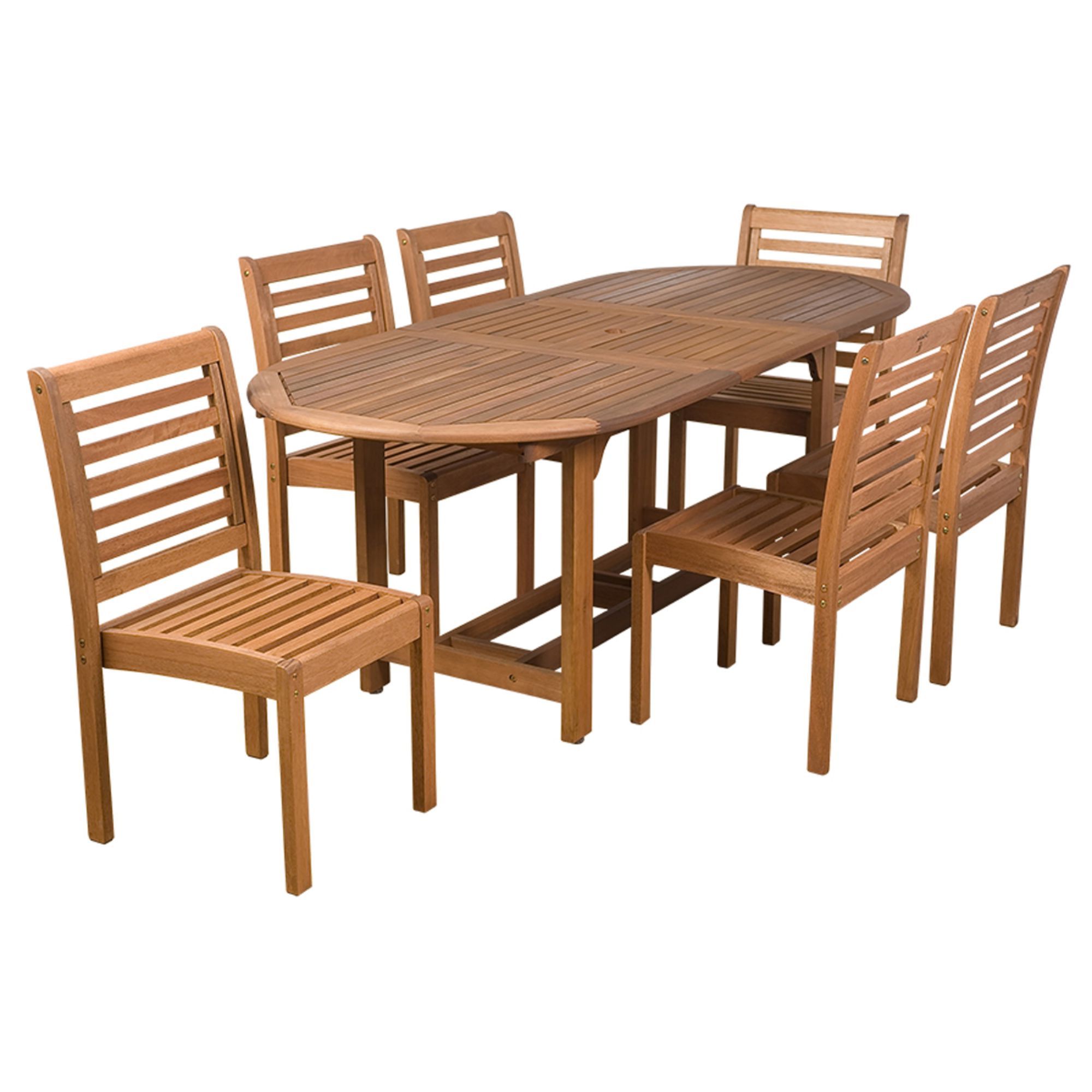 7 Piece Brown Eucalyptus Armless Oval Extendable Patio Dining Set 35 Throughout Recent Oval 7 Piece Outdoor Patio Dining Sets (View 14 of 15)