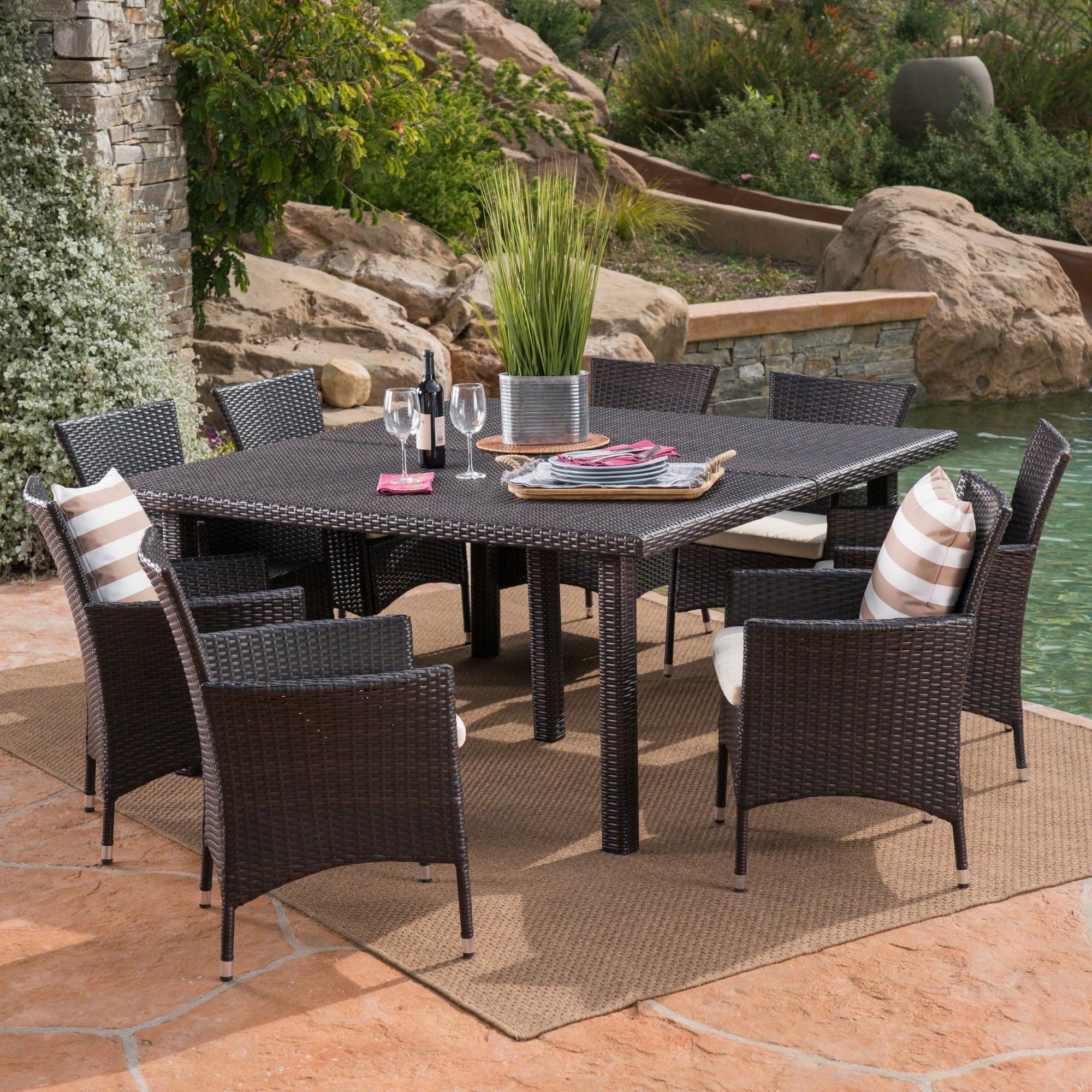 9 Piece Brown Finish Square Wicker Outdoor Furniture Patio Dining Set With 2019 9 Piece Outdoor Square Dining Sets (View 1 of 15)