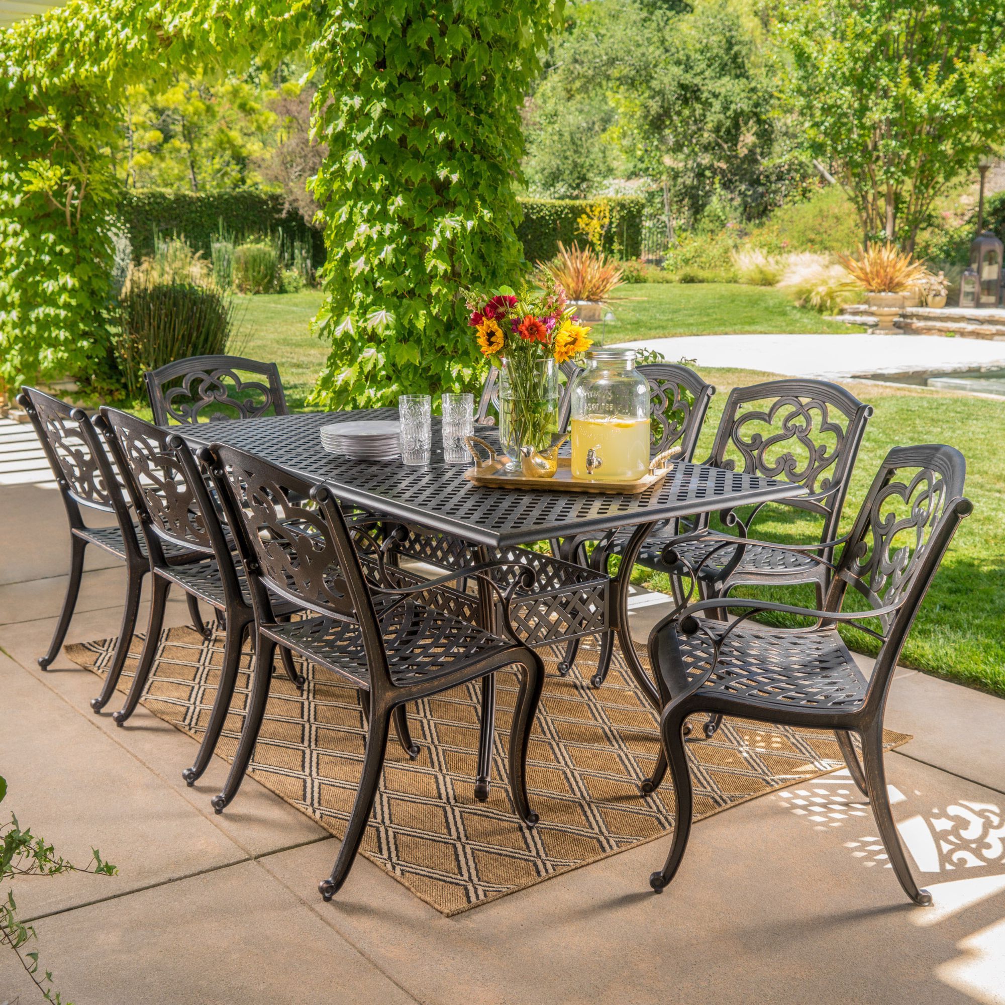 9 Piece Extendable Patio Dining Sets Within Well Known 9 Piece Black Shiny Copper Finish Aluminum Outdoor Furniture Patio (View 6 of 15)