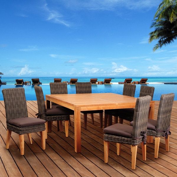 9 Piece Outdoor Square Dining Sets For Most Current Shop Amazonia Teak Sinclair 9 Piece Wicker/ Teak Square Patio Dining (View 11 of 15)
