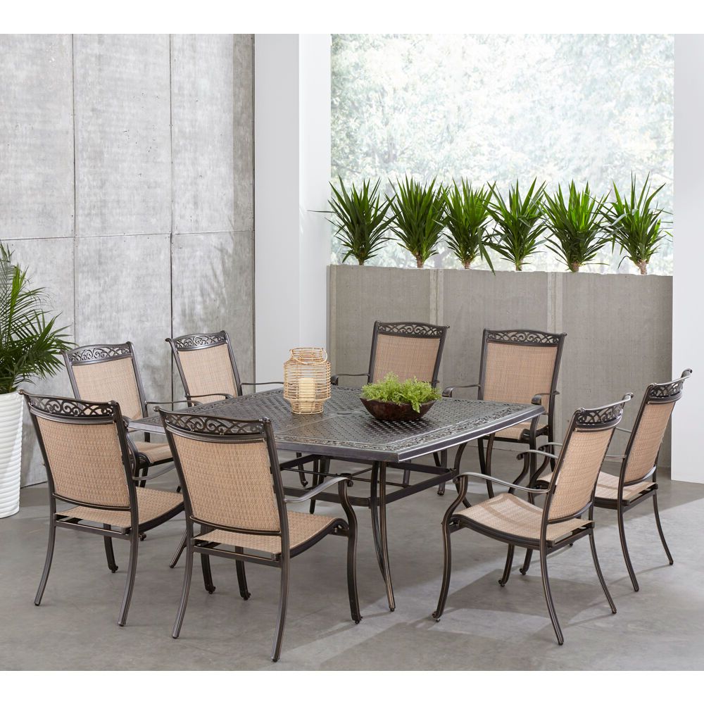 9 Piece Outdoor Square Dining Sets Regarding Well Liked Hanover Fontana 9 Piece Outdoor Dining Set With 8 Sling Chairs And A  (View 2 of 15)