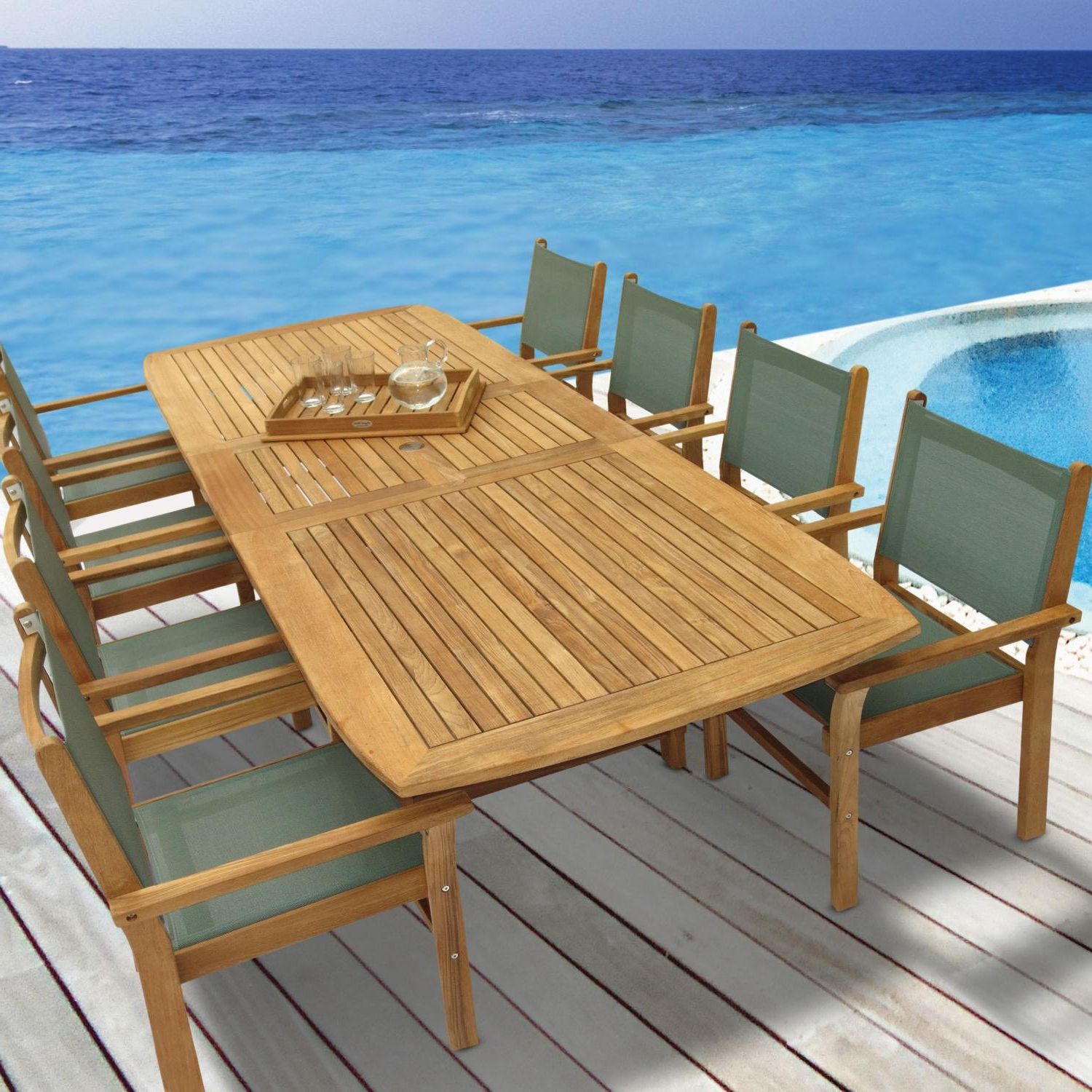 9 Piece Teak Outdoor Dining Sets Throughout Fashionable Captiva 9 Piece Teak Patio Dining Set W/ 96 X 44 Inch Rectangular (View 12 of 15)