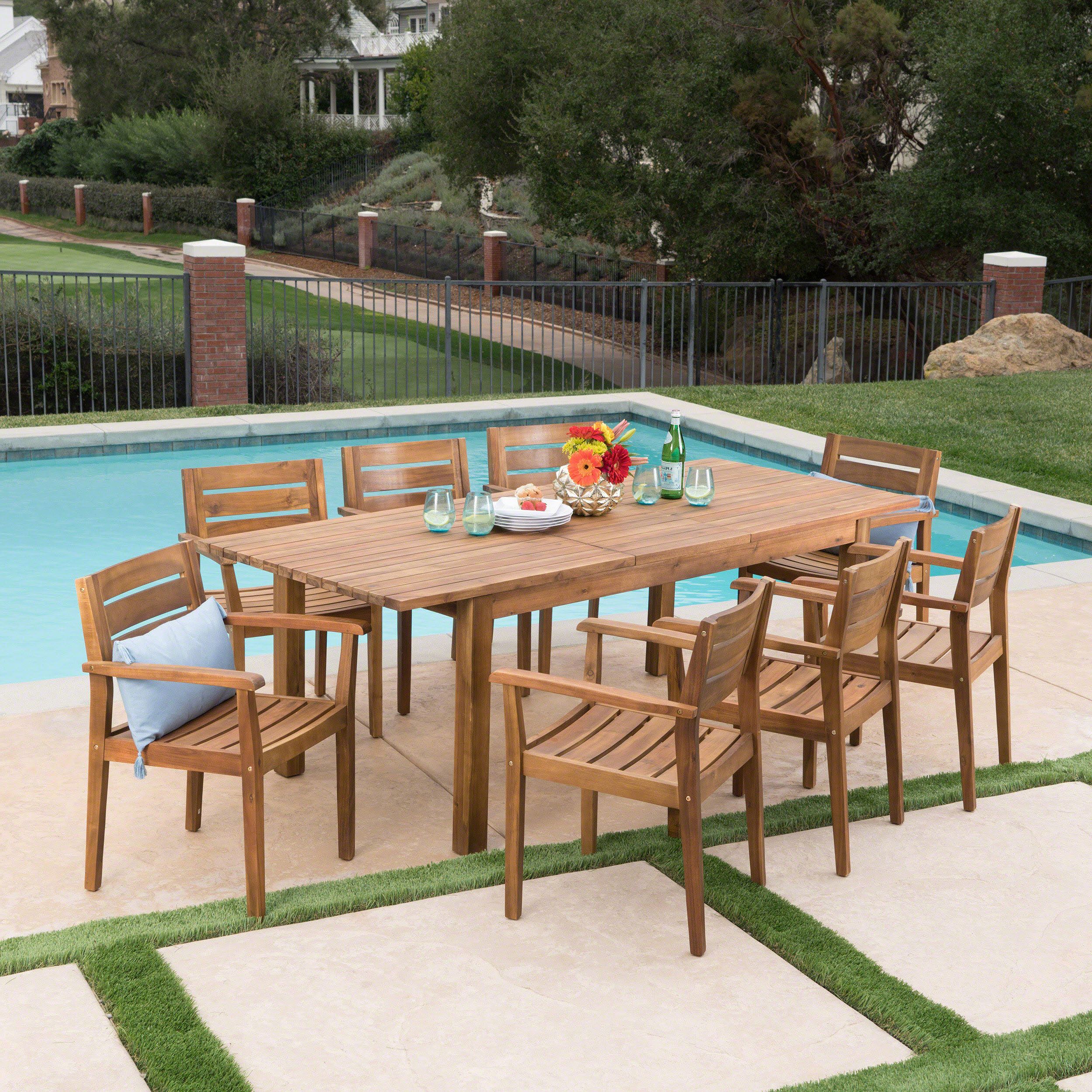 9 Piece Teak Outdoor Square Dining Sets With Favorite William Outdoor 9 Piece Acacia Wood Dining Set With Expandable Dining (View 3 of 15)
