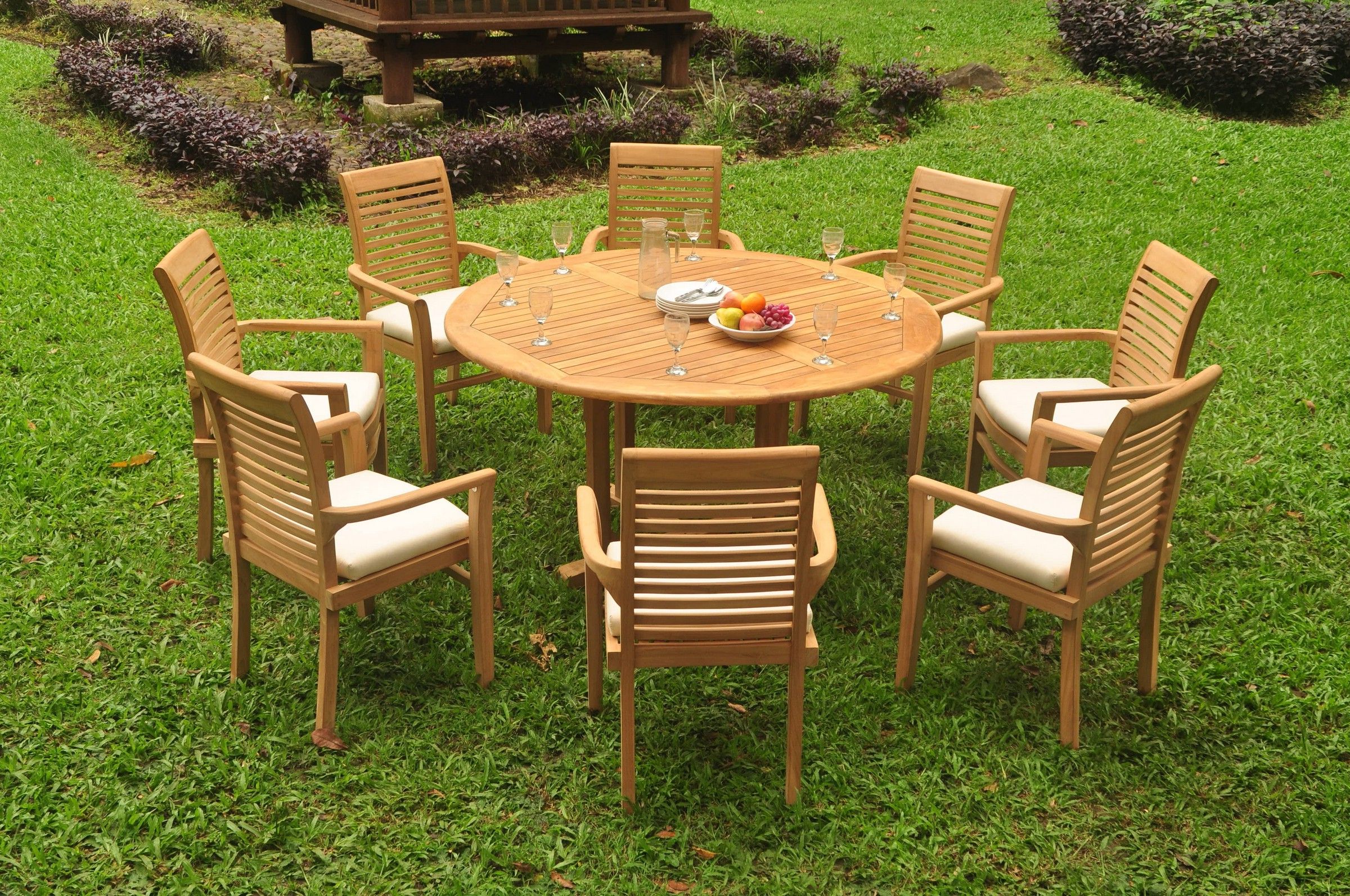 A Grade Teak 9pc Dining 60" Round Table 8 Mas Stacking Arm Chair Set Intended For Most Recent Teak Armchair Round Patio Dining Sets (View 3 of 15)