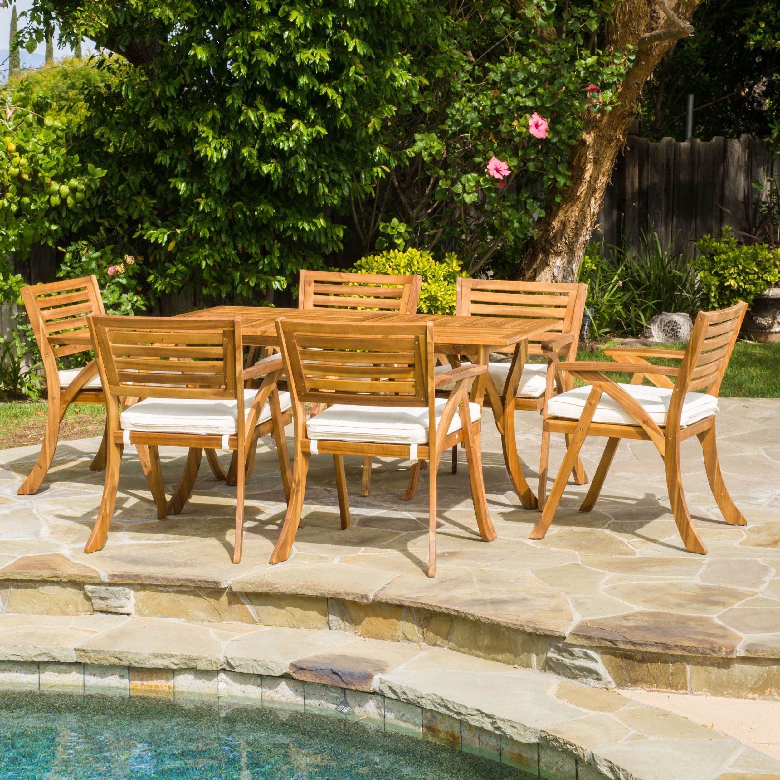 Acacia Wood Outdoor Seating Patio Sets In Famous Hermosa Outdoor Acacia Wood 7 Piece Rectangle Dining Set With Cushions (View 10 of 15)