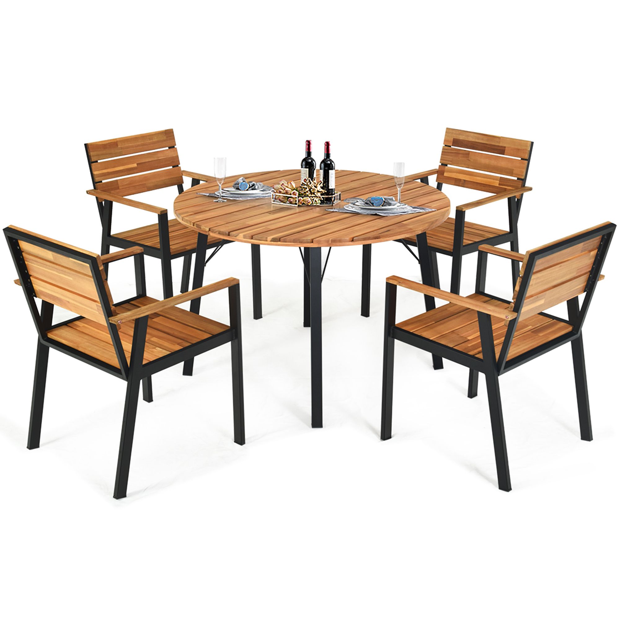 Acacia Wood Outdoor Seating Patio Sets In Most Recently Released 5 Piece Patio Acacia Wood Dining Set Conversation Chat Chair Table With (View 6 of 15)