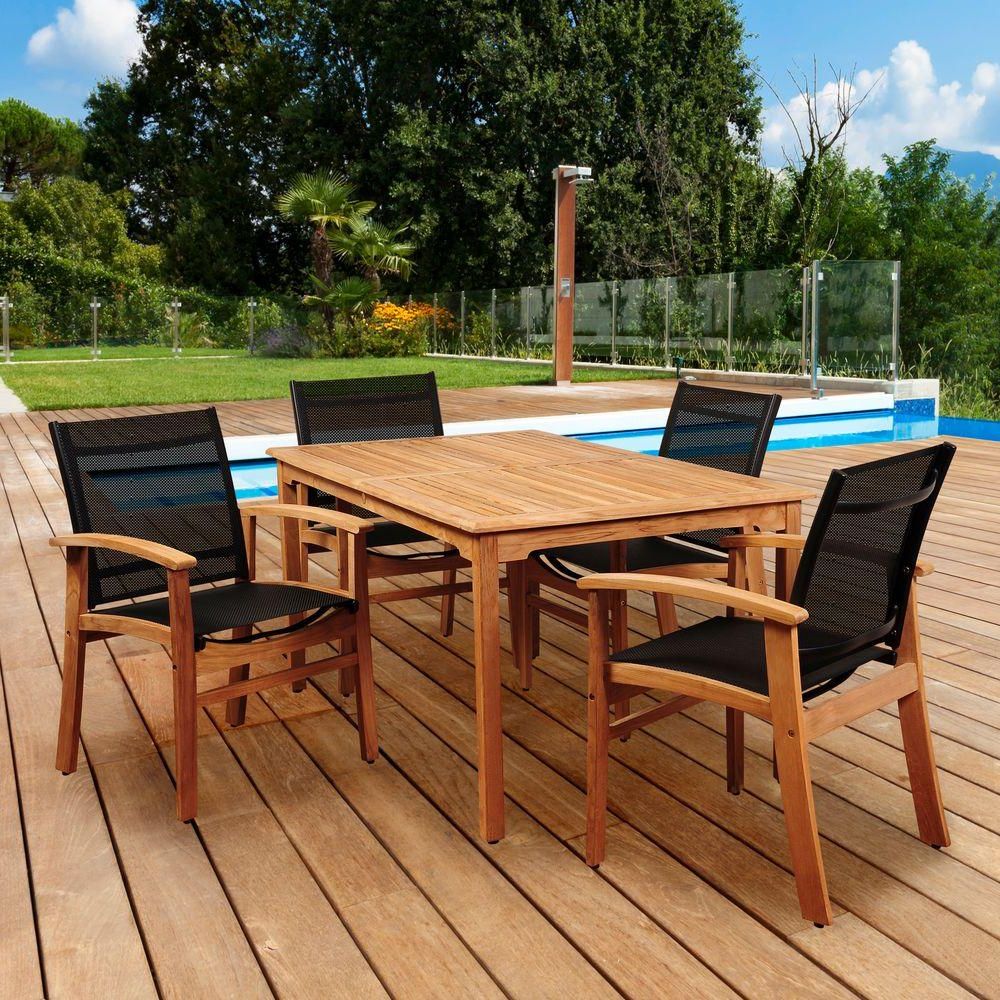 Amazonia Elliot 5 Piece Teak Rectangular Patio Dining Set With Black Intended For Well Known Rectangular Outdoor Patio Dining Sets (View 3 of 15)