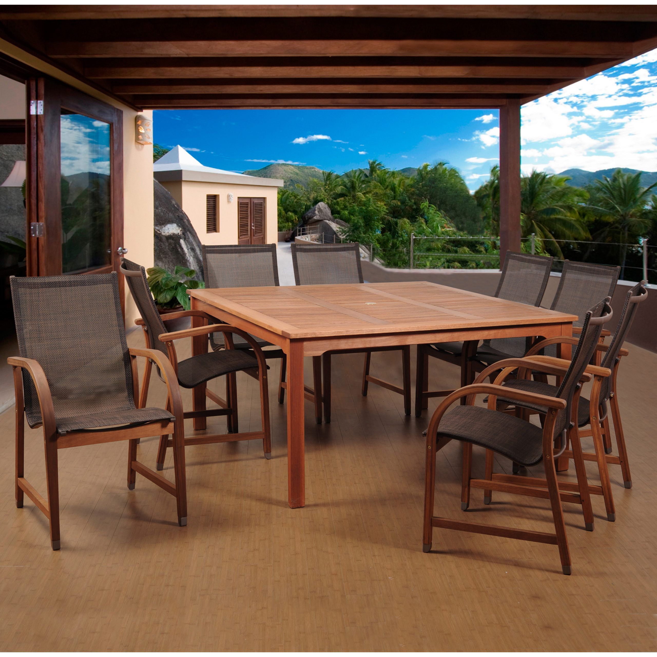 Amazonia Indiana 9 Piece Square Dining Set With Sling Chairs – Patio In Well Known Square 9 Piece Outdoor Dining Sets (View 12 of 15)