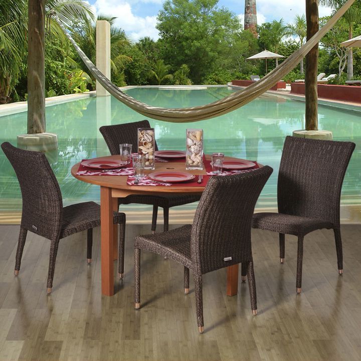 Amazonia Lorraine 5 Piece Eucalyptus Wood And Wicker Round Patio Dining Inside Famous Eucalyptus Round Dining Sets (View 3 of 15)