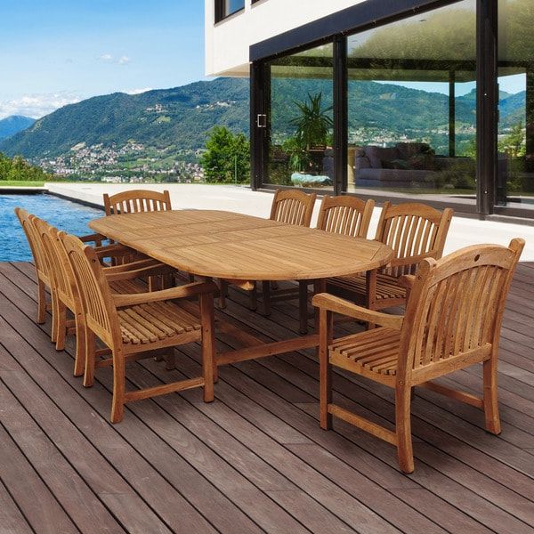Amazonia Teak Giacomo 9 Piece Teak Double Extendable Oval Patio Dining With Regard To Best And Newest 9 Piece Teak Wood Outdoor Dining Sets (View 6 of 15)
